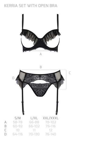 Комплект Passion KERRIA SET WITH OPEN BRA black, L/XL, бюстгальтер з відкритою чашкою, стрінги, пояс для панчіх SX0494