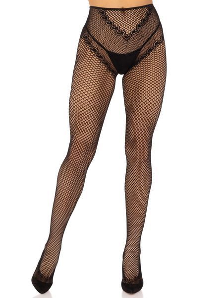 Стрип-колготки Leg Avenue Crotchless Net Tights with Heart Backseam, One Size, черные, с доступом SX1051