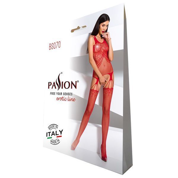 Бодістокінг Passion BS070 red, комбінезон, імітація панчох і ажурного топа PBS070R