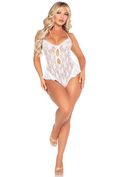 Боді Leg Avenue Lace Floral Lace Halter Teddy with Flutter Accent One Size, White SX1756