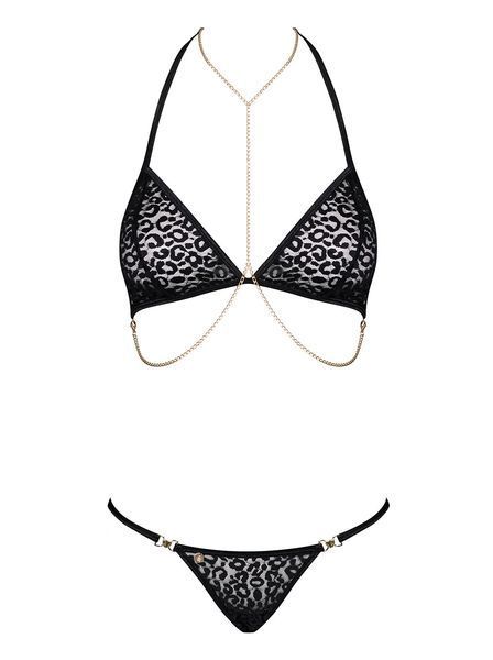 Комплект с цепочками Obsessive Pantheria 2-pcs set black L/XL, бюстгальтер, трусики SO7876
