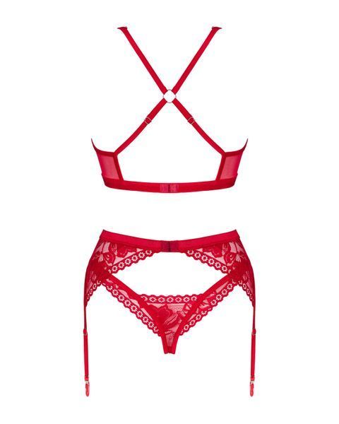Комплект белья Obsessive Lacelove cupless 3-pcs set XL/2XL Red, бюстгальтер, стринги, пояс для чулок SO8657