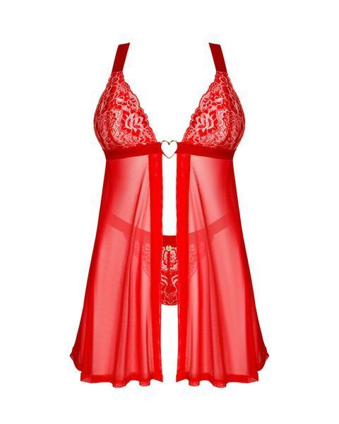 Бебі-дол Obsessive Elianes babydoll & thong, XL/2XL, червоний, мереживний ліф, трусики-танга в наборі SX1145
