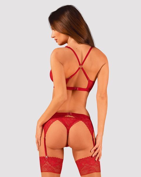 Комплект белья Obsessive Lacelove cupless 3-pcs set XL/2XL Red, бюстгальтер, стринги, пояс для чулок SO8657