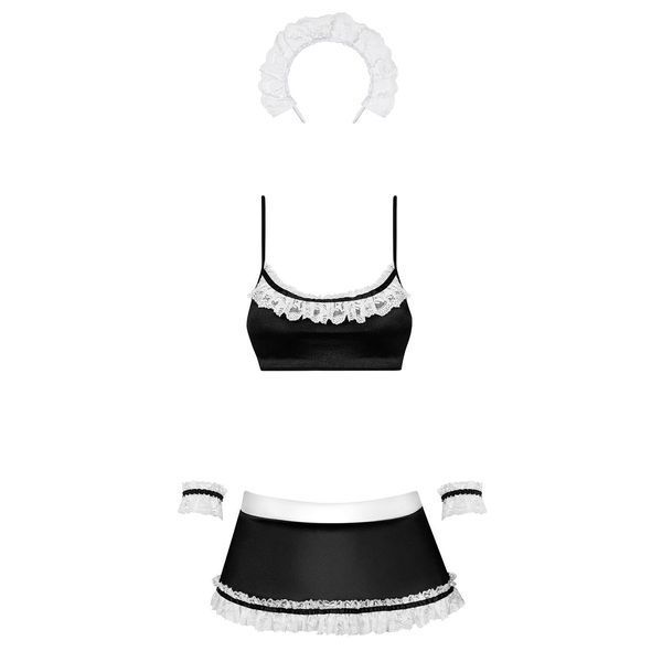 Атласний еротичний костюм покоївки Obsessive Maid set S/M, black, 5 предметів SO7715