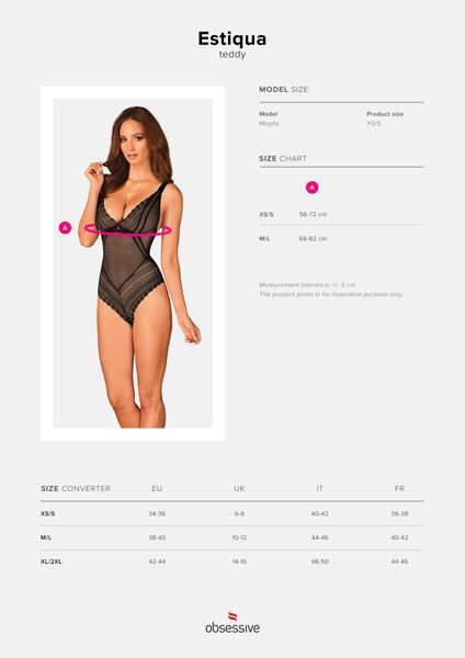 Кружевное боди с декольте Obsessive Estiqua teddy M/L, черное, широкие лямки SO7260