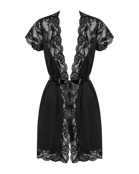 Сатиновый открытый пеньюар на поясе Obsessive 810-PEI&ndash;1 peignoir black S/M, черный SO7160