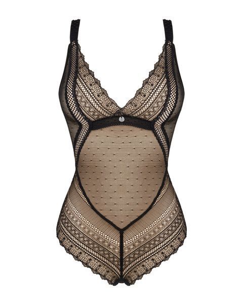 Кружевное боди с декольте Obsessive Estiqua teddy M/L, черное, широкие лямки SO7260