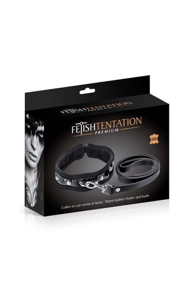 Чокер с поводком из натуральной кожи Fetish Tentation Premium Patent leather chocker and leash SX1098