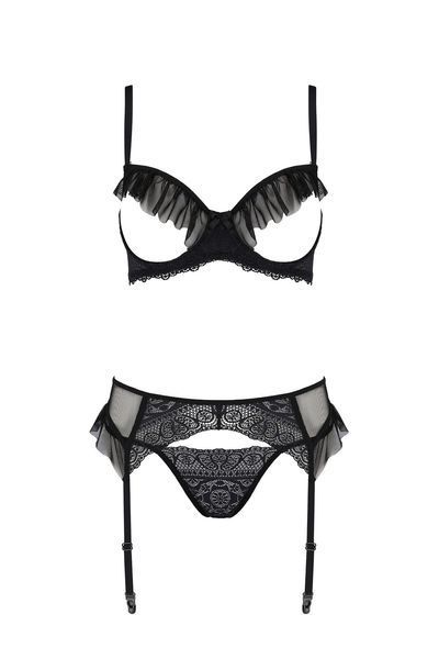 Комплект Passion KERRIA SET WITH OPEN BRA black, XXL/XXXL, бюстгальтер с открытой чашкой, стринги, пояс для чулок SX0496
