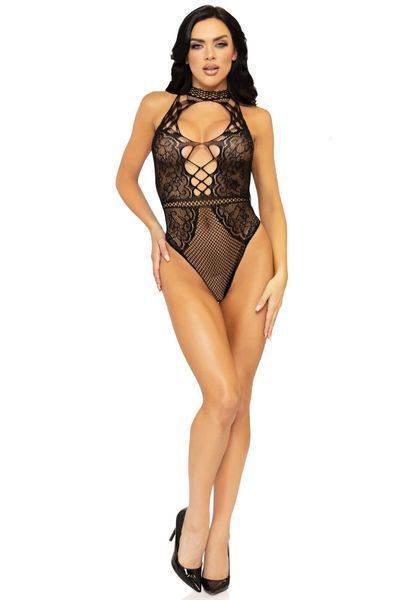 Leg Avenue Net and lace halter bodysuit OS Black SO7898