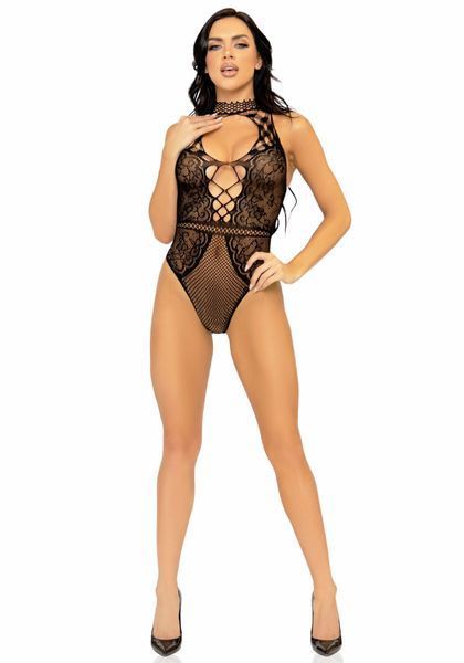 Leg Avenue Net and lace halter bodysuit OS Black SO7898