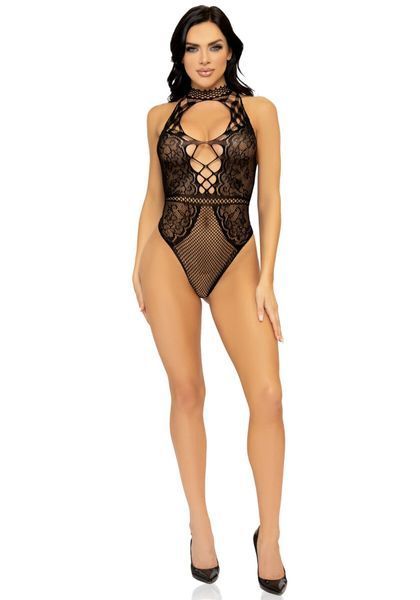 Leg Avenue Net and lace halter bodysuit OS Black SO7898