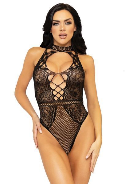 Leg Avenue Net and lace halter bodysuit OS Black SO7898