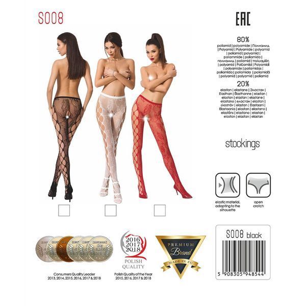 Эротические колготки-бодистокинг Passion S008 red, ажурные колготки с вырезом и лампасами-сеткой PSS008R