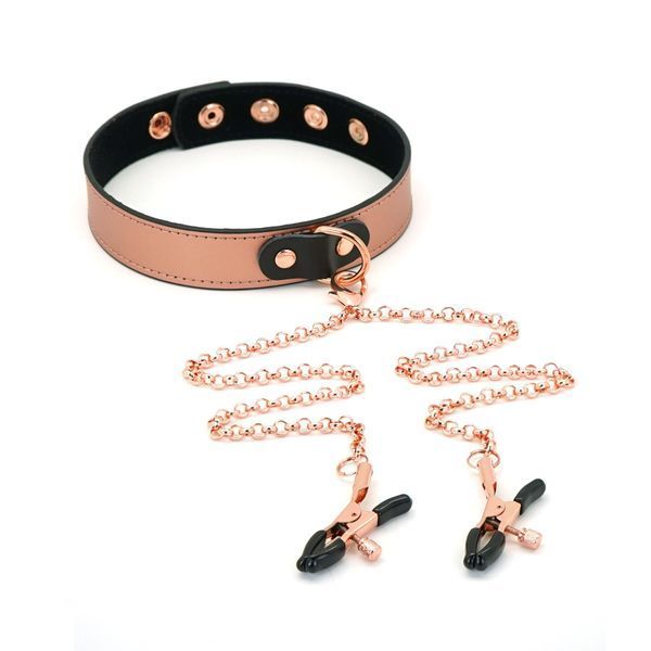 Ошейник с зажимами для сосков Liebe Seele Rose Gold Memory Collar with Nipple Clamps, кожа SO9495