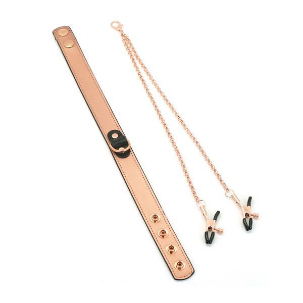 Ошейник с зажимами для сосков Liebe Seele Rose Gold Memory Collar with Nipple Clamps, кожа SO9495
