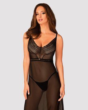 Напівпрозора довга сорочка Obsessive Estiqua chemise XS/S, чорний, асиметричний крій SO7262