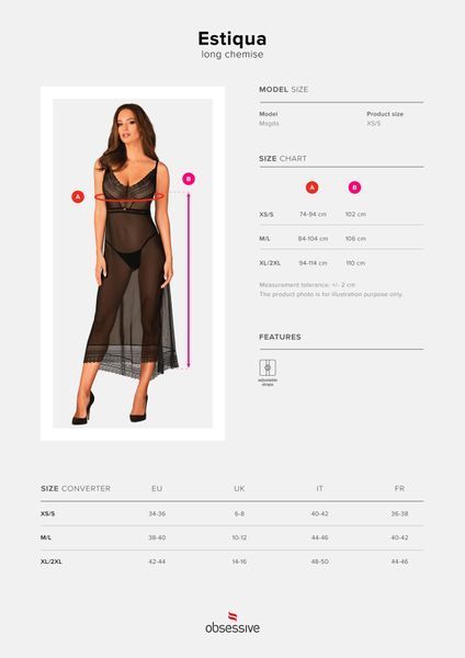 Полупрозрачная длинная сорочка Obsessive Estiqua chemise XS/S, черный, ассиметричный крой SO7262