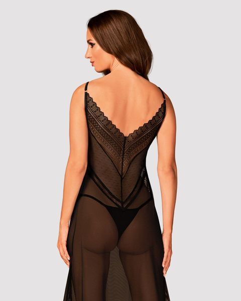 Полупрозрачная длинная сорочка Obsessive Estiqua chemise XS/S, черный, ассиметричный крой SO7262
