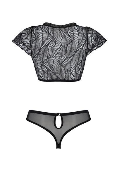 Комплект Passion LEAFA BIKINI black S/M, бюстгальтер-топ з рукавчиками, стрінги-шортики з вирізом SX0498