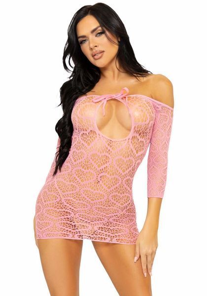 Платье-сетка с сердечками Leg Avenue Heart net mini dress Pink, завязки, открытые плечи, one size SO7960
