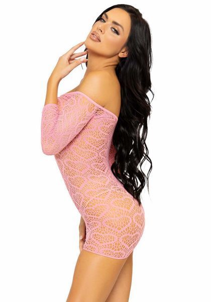 Платье-сетка с сердечками Leg Avenue Heart net mini dress Pink, завязки, открытые плечи, one size SO7960