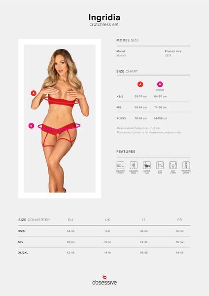 Комплект Obsessive Ingridia 2-pcs crotchless set XL/2XL, червоний, з доступом, відкриті груди SO9033
