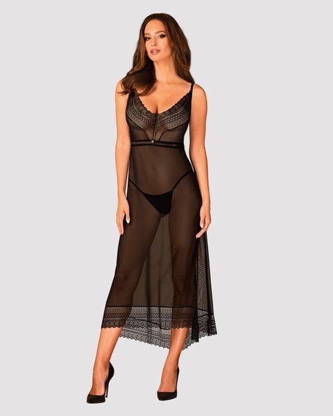 Полупрозрачная длинная сорочка Obsessive Estiqua chemise M/L, черный, ассиметричный крой SO7263