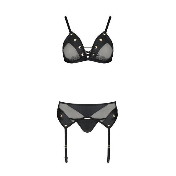 Комплект білизни Passion NESSY SET L/XL black, бюстгальтер, пояс для панчіх, стрінги SO8457