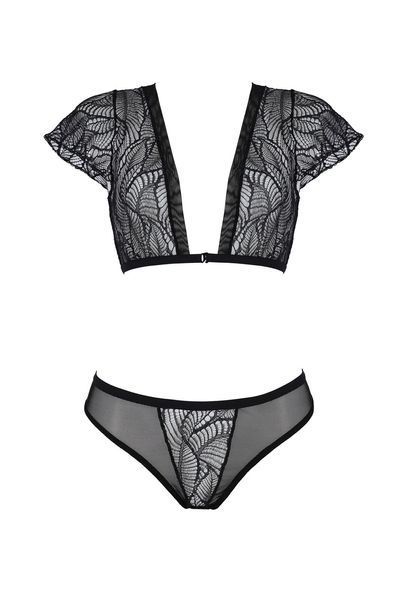 Комплект Passion LEAFA BIKINI black, XXL/XXXL, бюстгальтер-топ с рукавчиками, стринги-шортики с вырезом SX0499