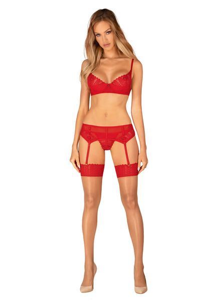 Комплект Obsessive Ingridia 3-pcs set XS/S, красный, бюстгальтер, стринги, пояс SO9034