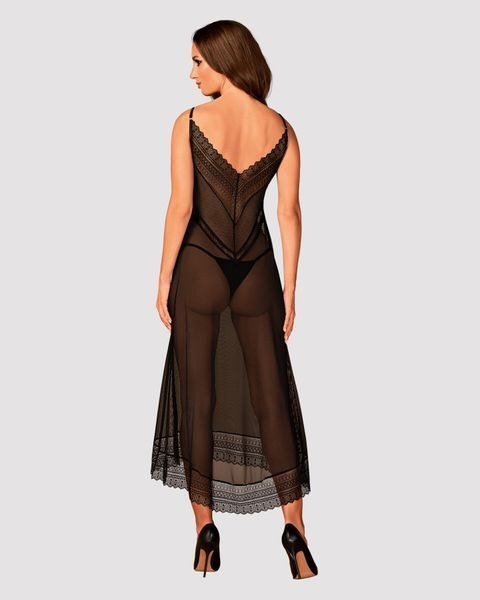 Полупрозрачная длинная сорочка Obsessive Estiqua chemise XL/2XL, черный, ассиметричный крой SO7264