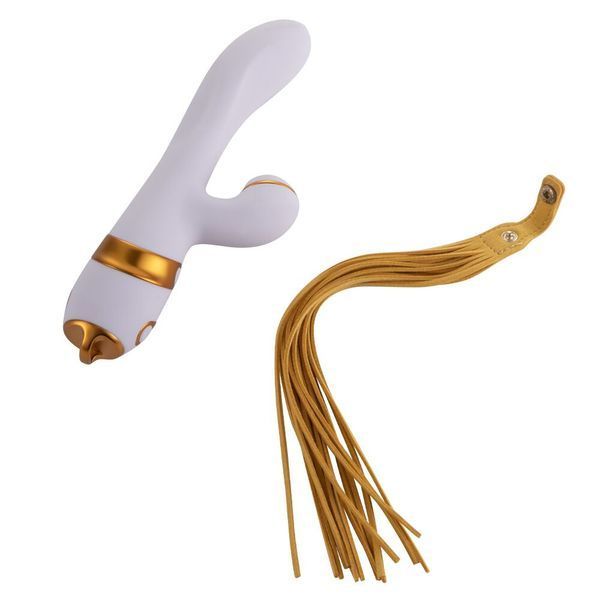 Вибратор-кролик с пульсацией и флоггером LOCKINK SEVANDA Whip Vibrating Massage Wand, бело-золотой SX0904