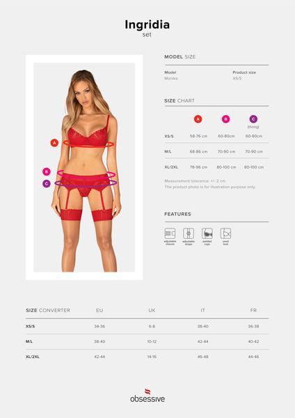 Комплект Obsessive Ingridia 3-pcs set XL/2XL, червоний, бюстгальтер, стрінги, пояс SO9035