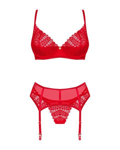 Комплект Obsessive Ingridia 3-pcs set XL/2XL, червоний, бюстгальтер, стрінги, пояс SO9035