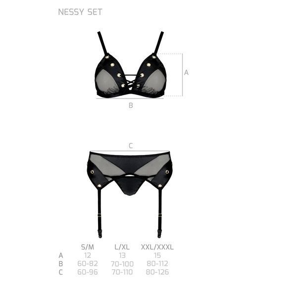 Комплект білизни Passion NESSY SET XXL/XXXL black, бюстгальтер, пояс для панчіх, стрінги SO8459
