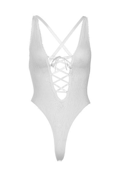 Кружевное боди Leg Avenue Floral lace thong teddy White, шнуровка на груди, one size SO7963