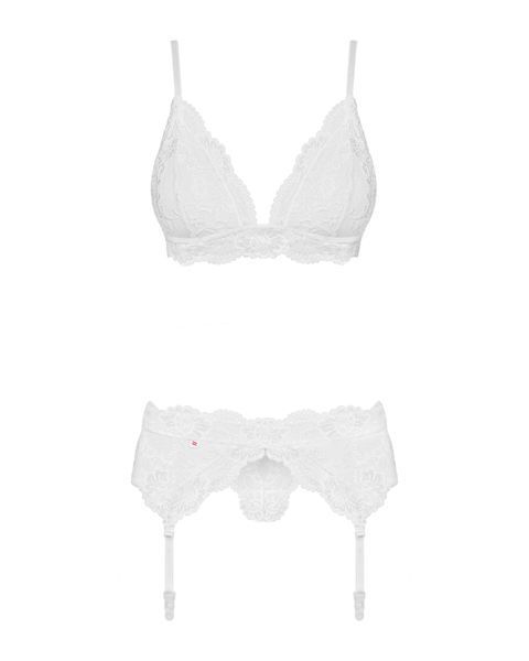 Мереживний комплект білизни Obsessive 810-SEG-1 L/XL White, бюстгальтер, стрінги, пояс для панчіх SO7166