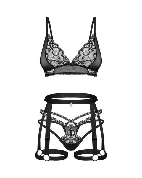 Комплект Obsessive Blomentis 3-pcs set, XL/2XL, мягкий лиф, стринги со стрепами, пояс с гартерами SX1035