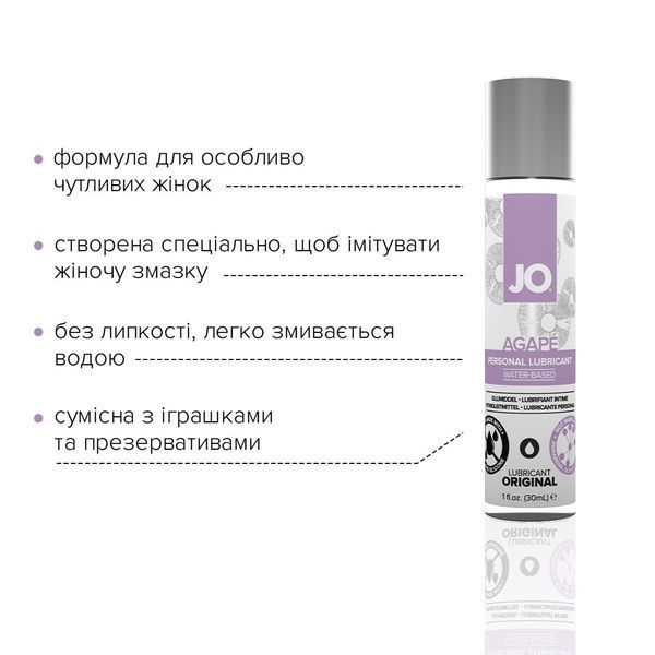 Змазка на водній основі JO AGAPE &mdash; ORIGINAL (30 мл) без гліцерину, гліколю та парабенів SO1492