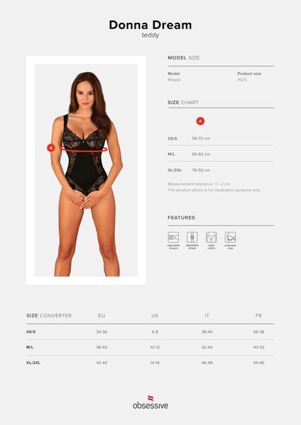 Мереживне боді Obsessive Donna Dream crotchless teddy XS/S Black, відкритий доступ SO8633