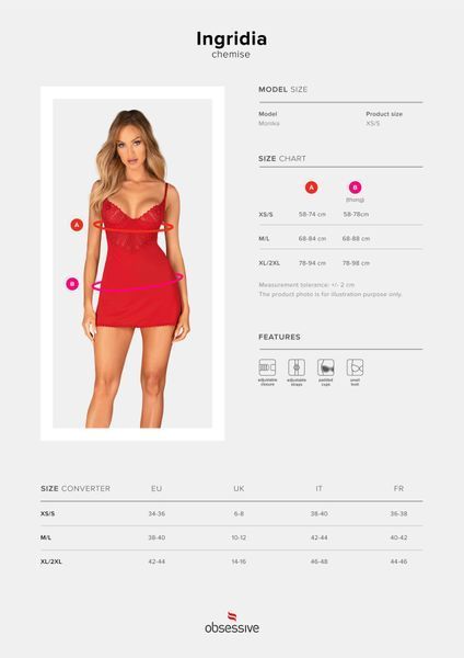 Пеньюар Obsessive Ingridia chemise & thong XL/2XL, червоний, сорочка, стрінги SO9038