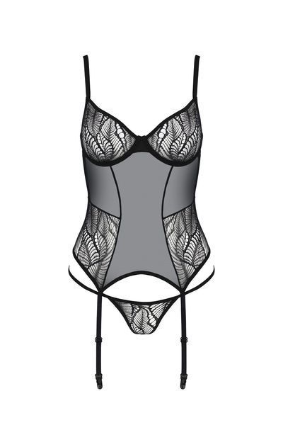 Корсет Passion LEAFA CORSET black S/M, мягкие чашки, зажимы для чулок, стринги в комплекте SX0504