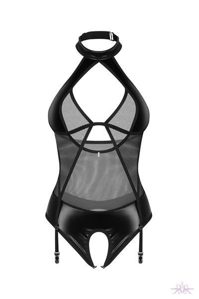 Боди с доступом Obsessive Dominna crotchless teddy S/M, экокожа и сетка, чокер SX3561
