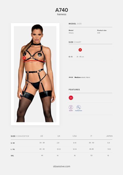 Портупея на груди Obsessive A740 harness black O/S, штучна шкіра SO7853