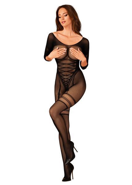 Сетчатый бодистокинг с имитацией подвязок Obsessive Bodystocking G329 S/M/L, black, с доступом SO7693