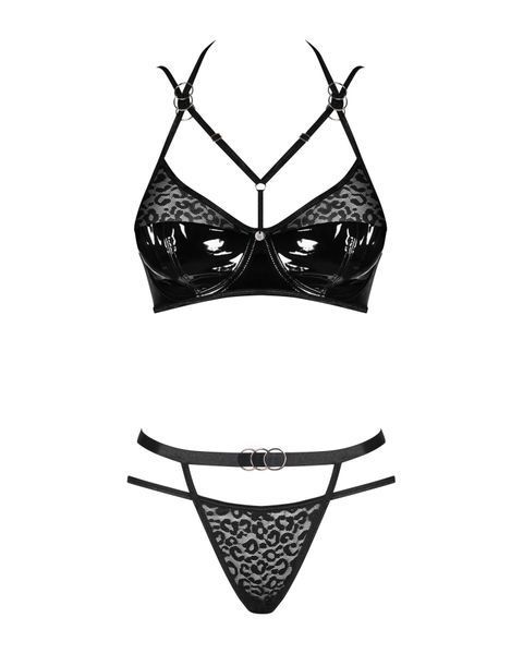Еротичний комплект під латекс зі стрепами Obsessive Bagirela 2-pcs set S/M, чорний, під леопард, бюс SO7219