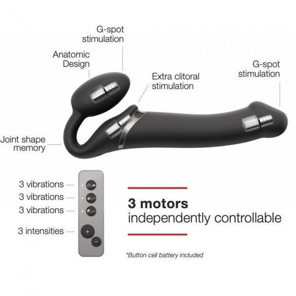 Безремінний страпон з вібрацією Strap-On-Me Vibrating Black M, діаметр 3,8см, пульт ДК, регульований SO3354
