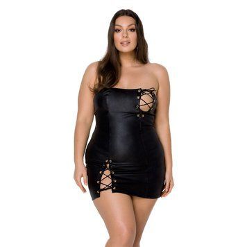 Мінісукня з екошкіри Passion CELINE CHEMISE 4XL/5XL, black, шнурівка, трусики в комплекті SO7061